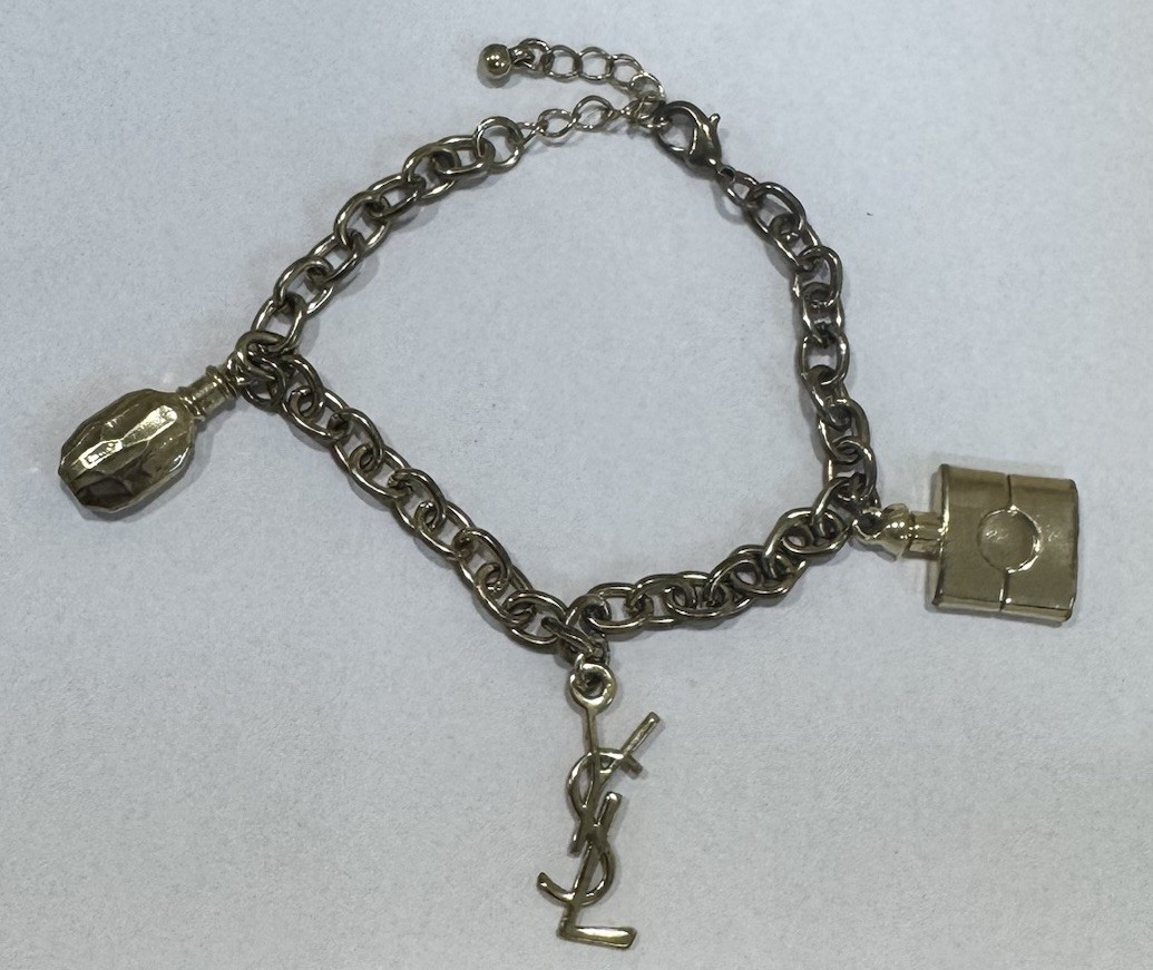YSL Yves Saint Laurent Vintage 3 Charms Gold Tone Bracelet with Iconic Logo