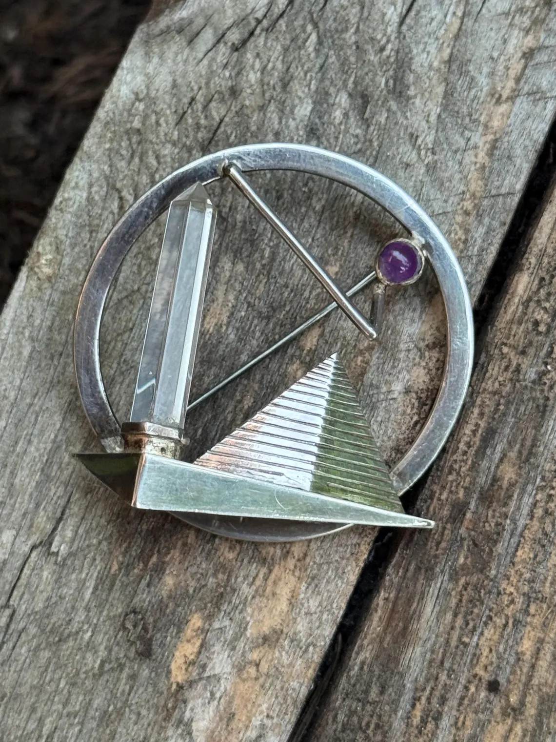 Artisan vintage brooch 925 sterling silver Bergkristall Amethyst