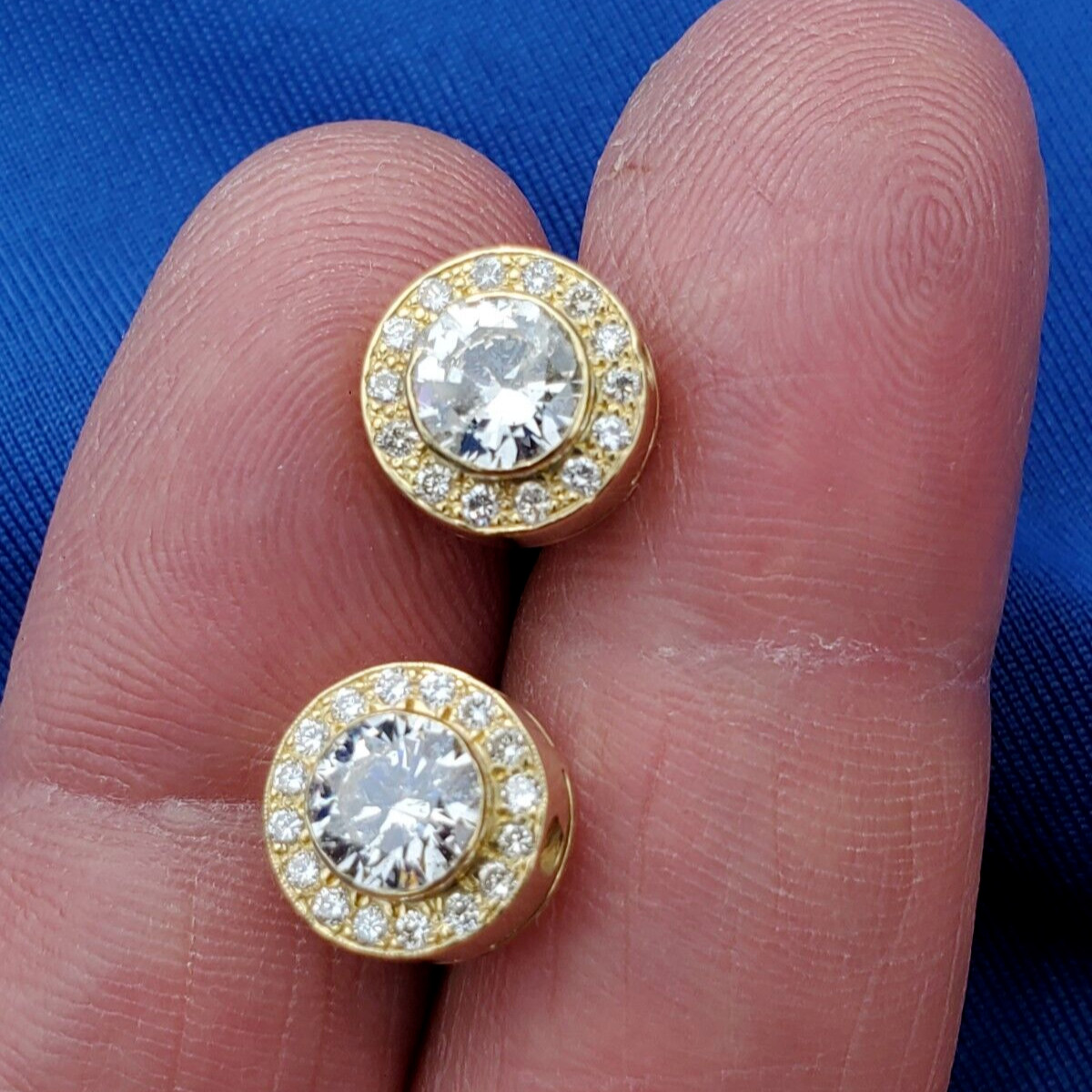 Original EARTH MINED DIAMOND Deco Bezel set Halo Studs Earrings SOLID 18K GOLD