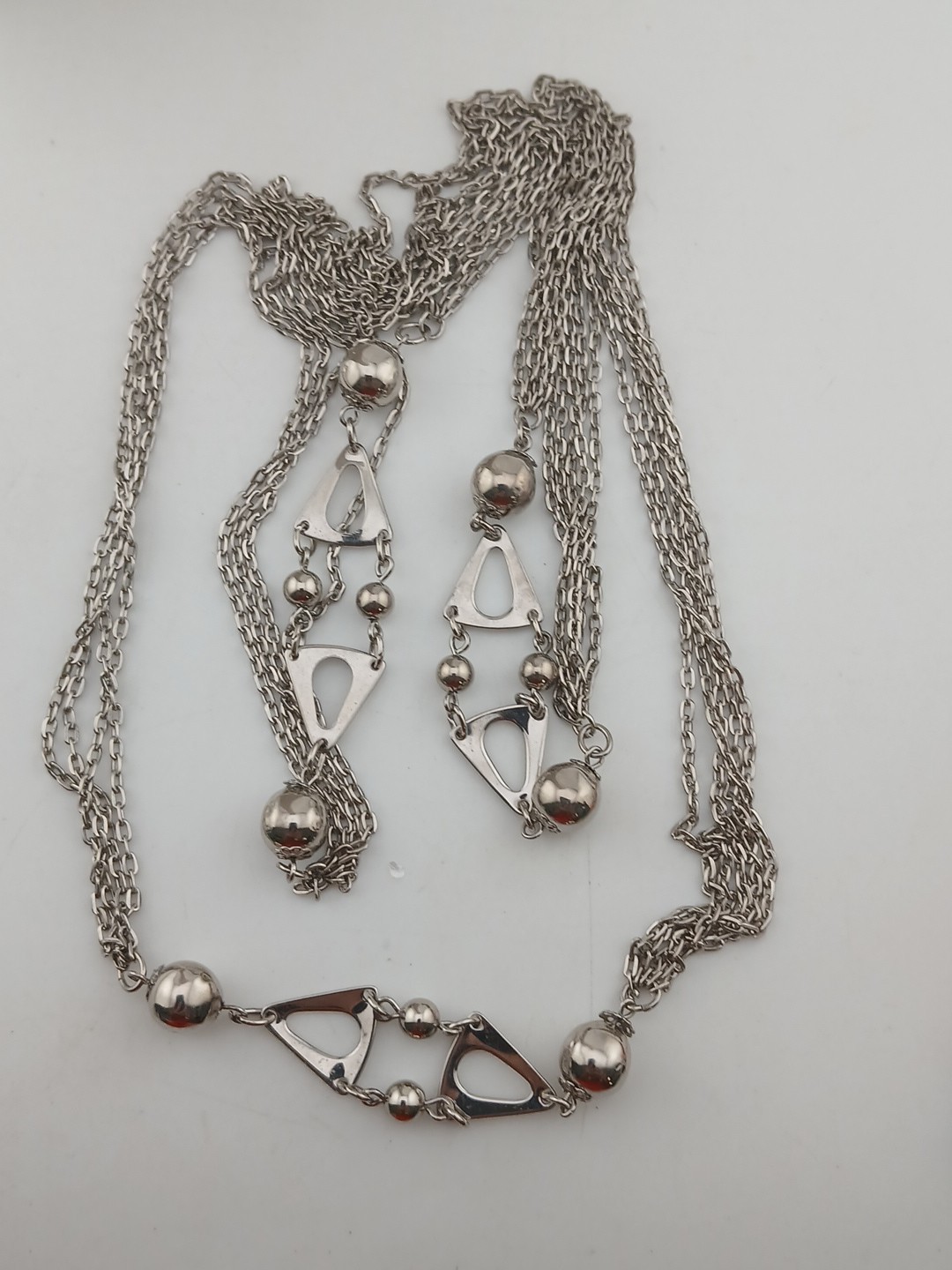 1960s silver tone multi chains ball beads open triangle design accents necklace