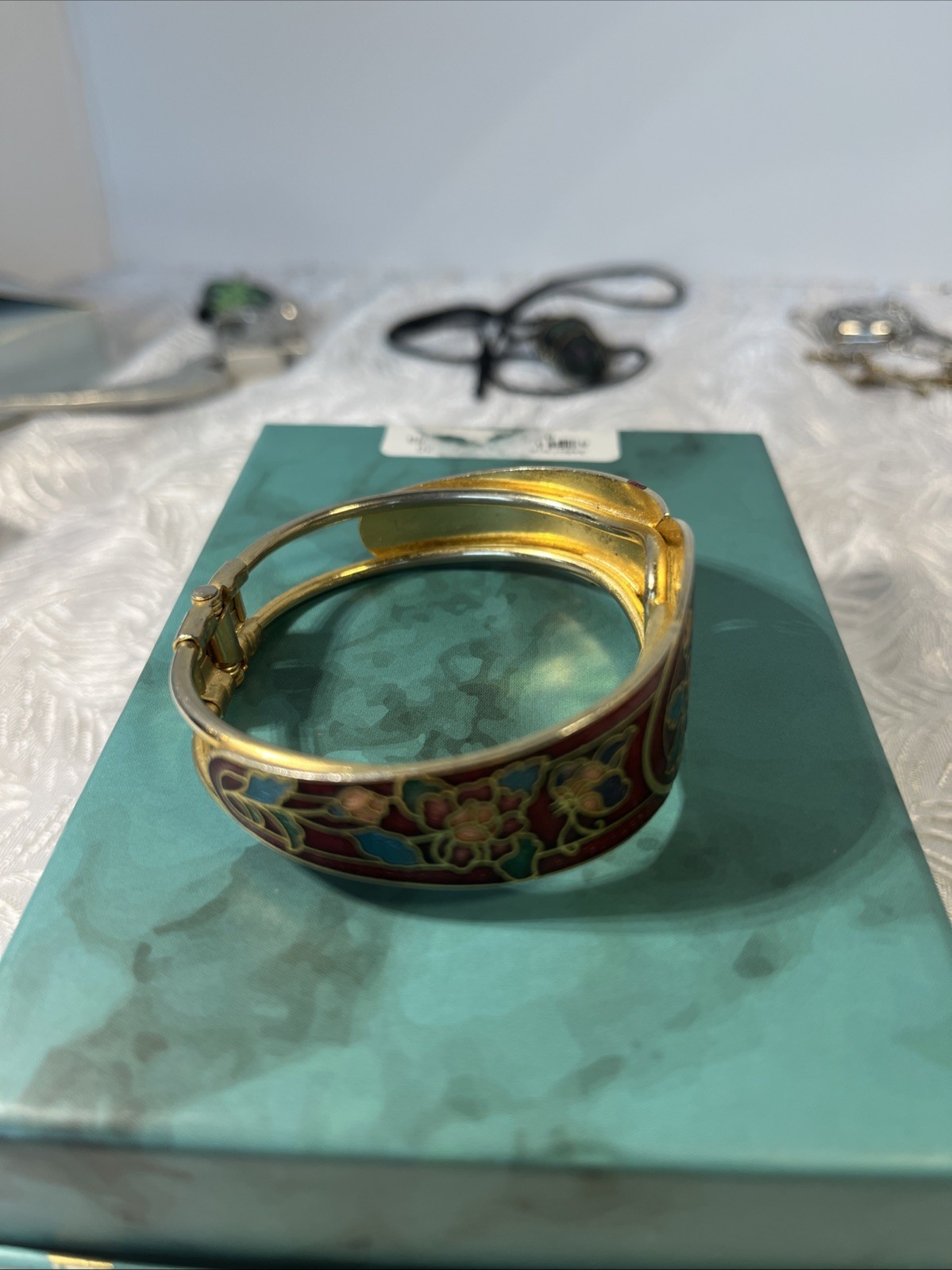 Vintage Red Hinged Cloisonne Bracelet Clamper Butterflies & Flowers