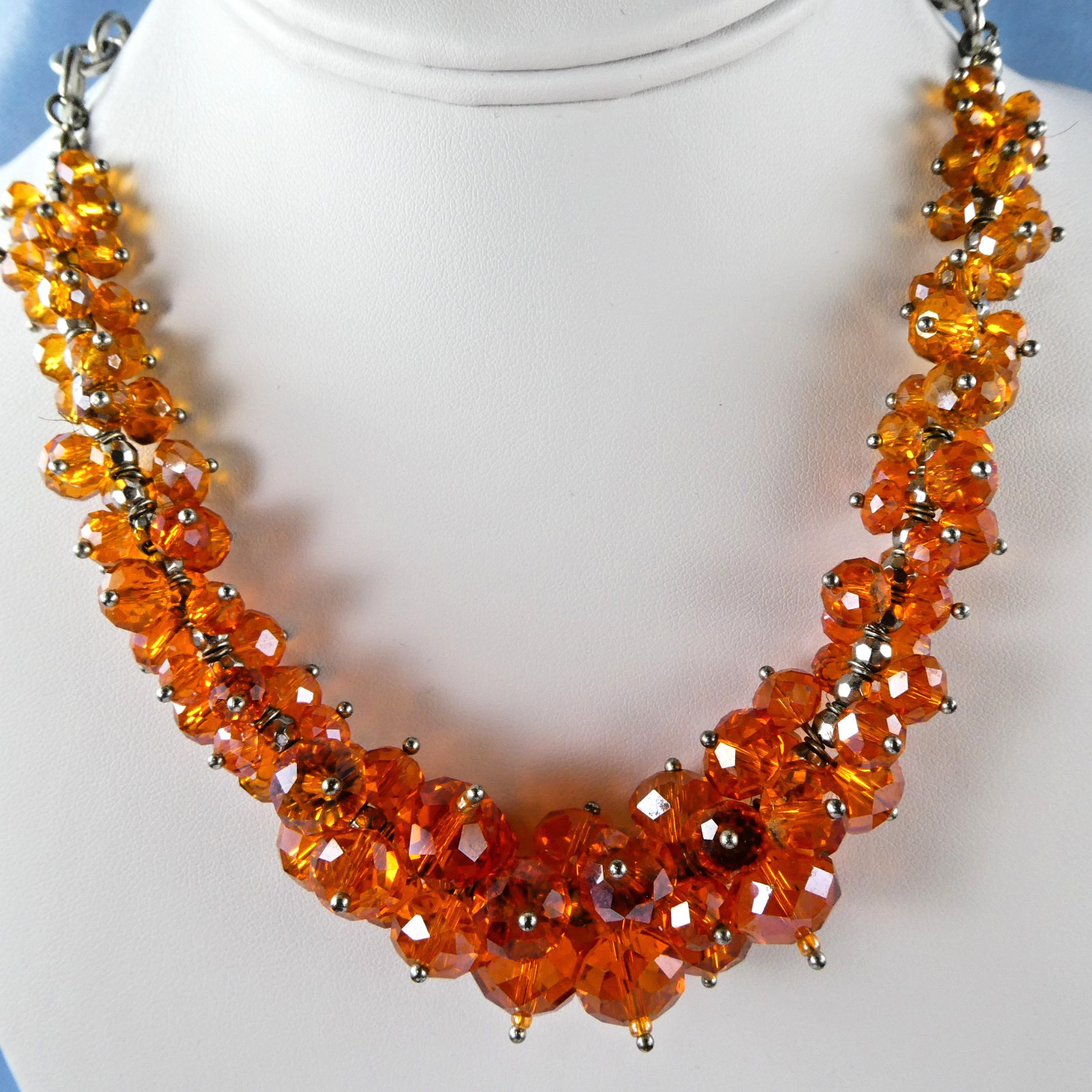 Pretty Glass Crystal ORANGE Beaded Necklace Silver Tone Fashion Jewelry SPARKLE!