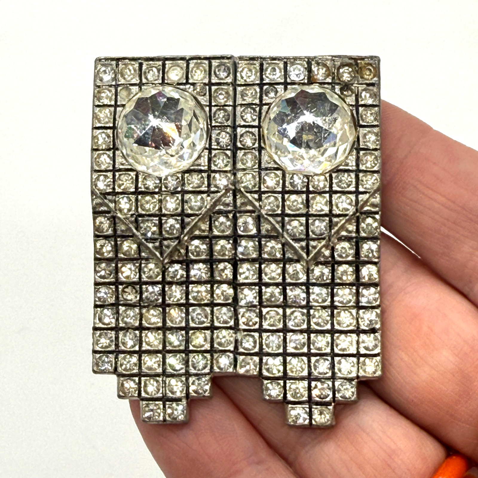 Vintage Pot Metal Owl Brooch Rhinestones Crystal Eyes READ