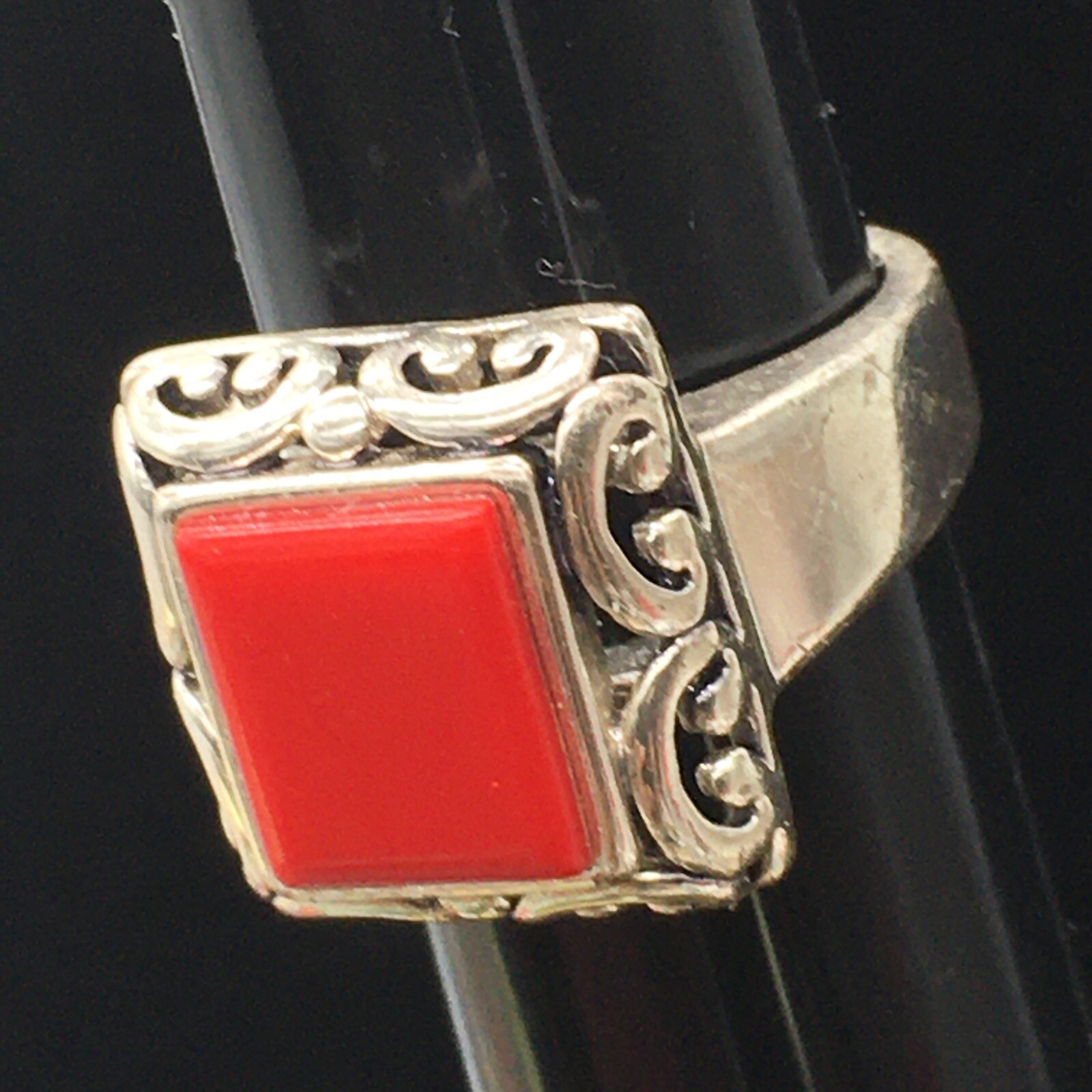 Red Stone Ring Sz 6.5 Silver Tone Scroll Accents Wide Band
