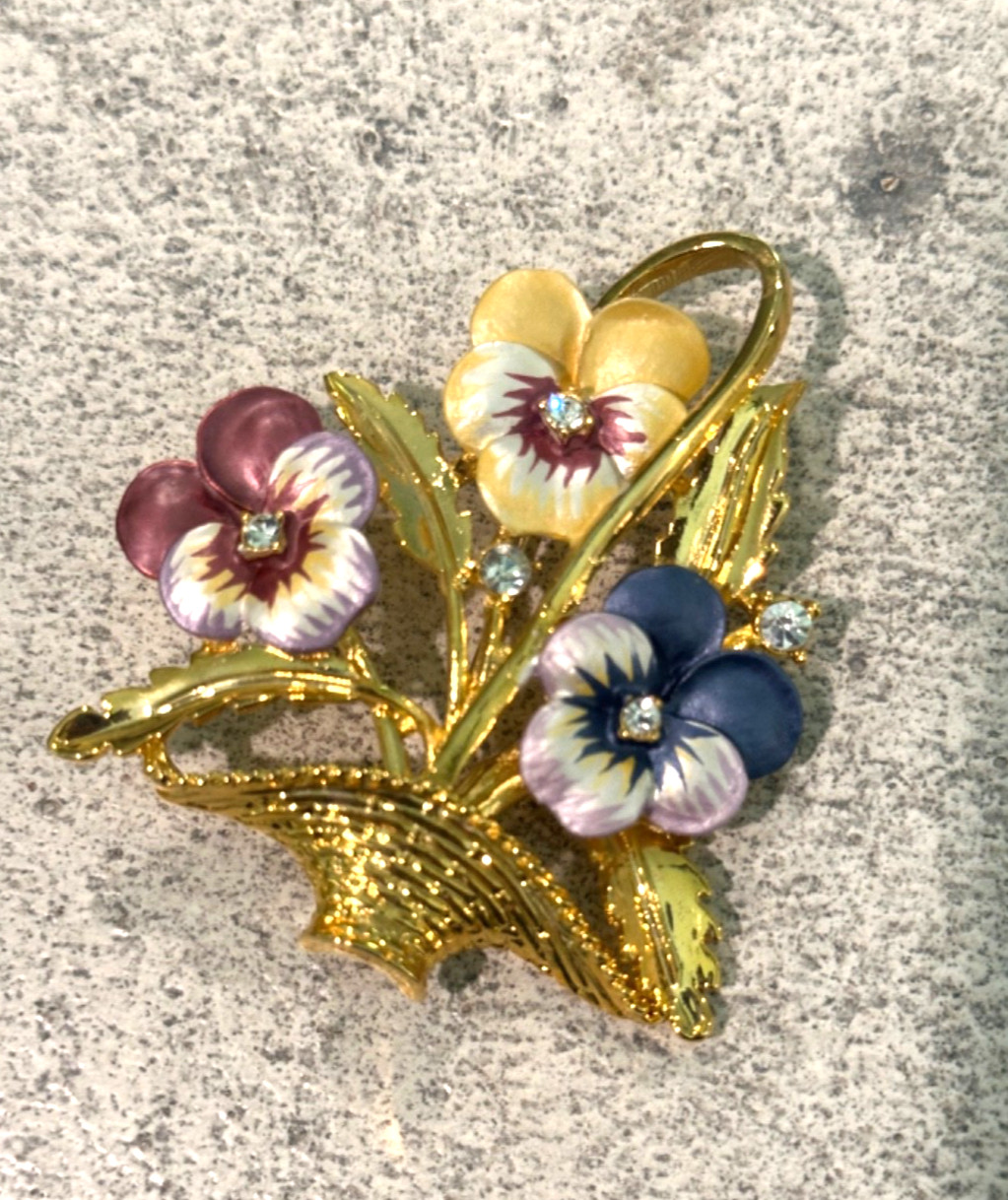 Vintage Guilloche Gold Tone & Enamel Basket of Pansy Flowers Pin Brooch Crystal