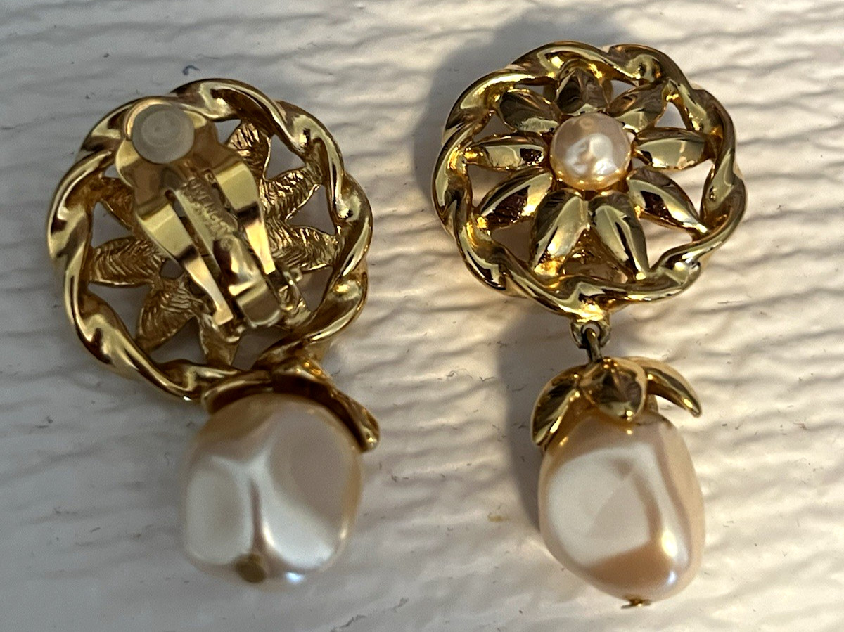 Vintage Givenchy Paris NY Earrings Golden Pearl Cabochon 2” Dangle Drop Clip On