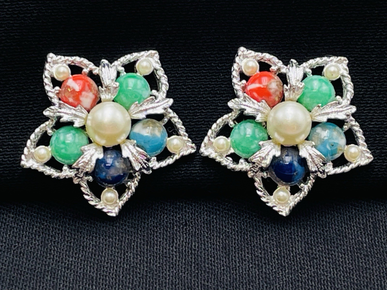 Sarah Coventry Multi-Stone Color Faux Pearl Filligree Clip Earrings Silver Tone