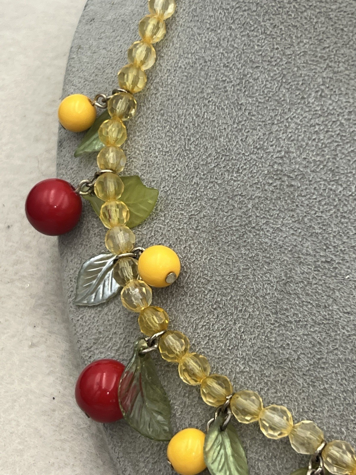 Vintage Fruit Basket Lucite Yellow Beaded Necklace 16 In With Adjustable Chain