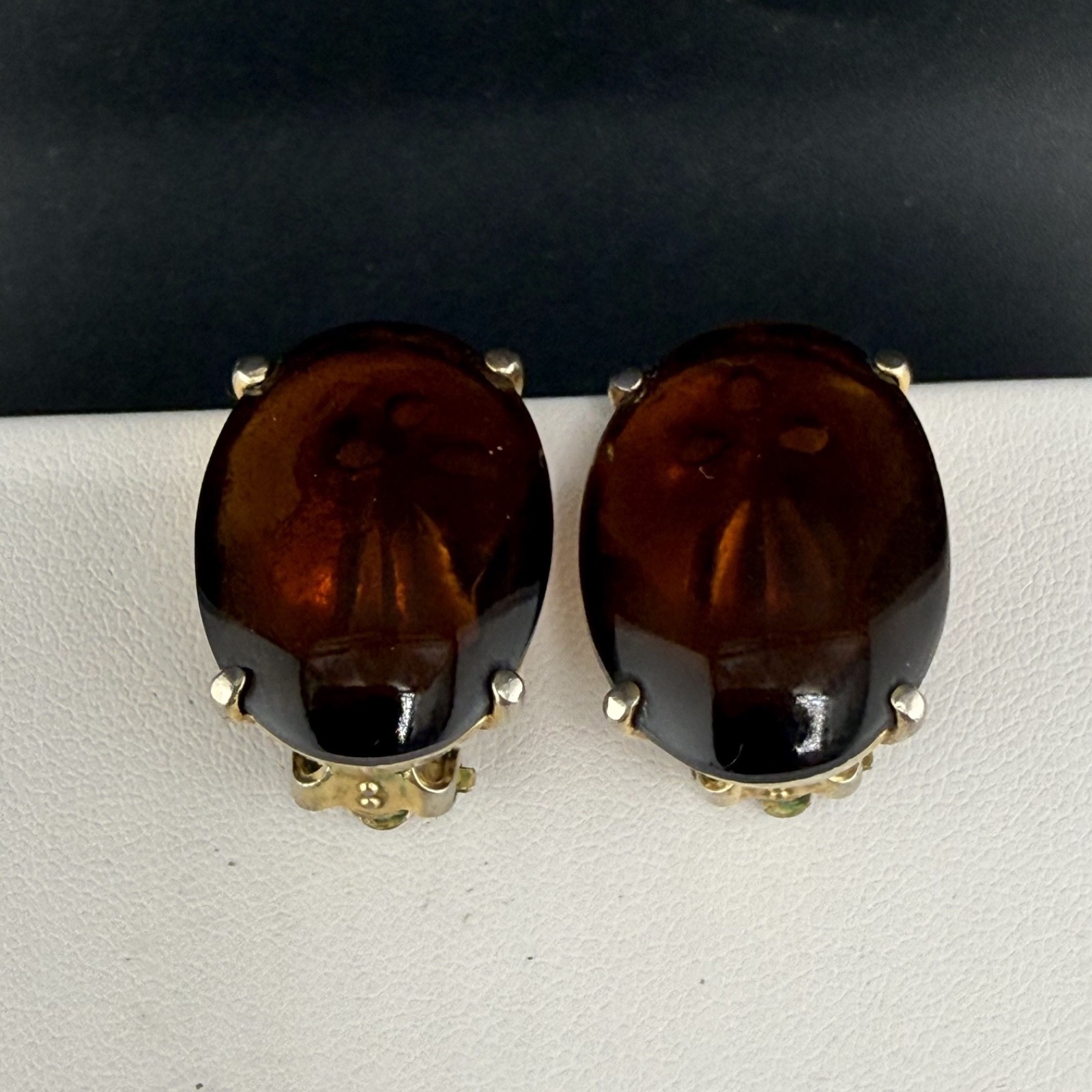 Vintage Schiaparelli Clip On Earrings Gold Tone Brown Glass