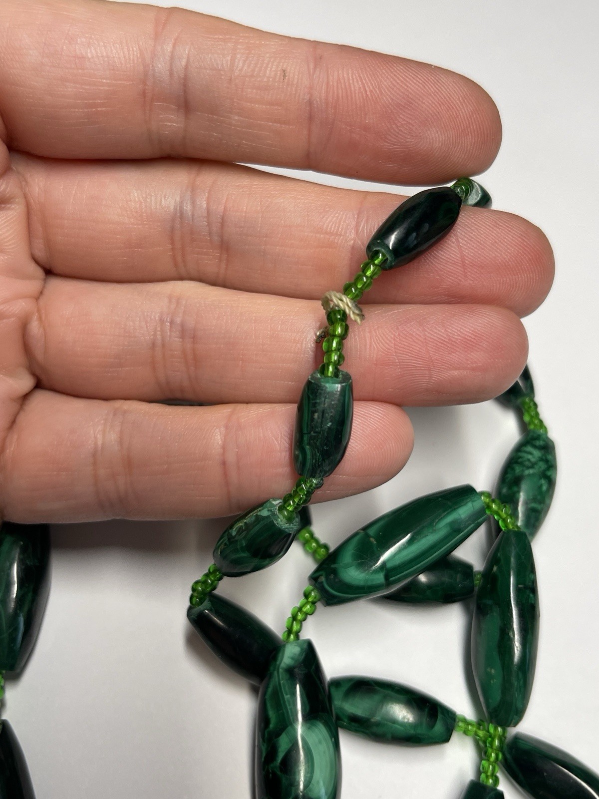 Vintage Oblong Elongated Malachite Stone Beaded Necklace