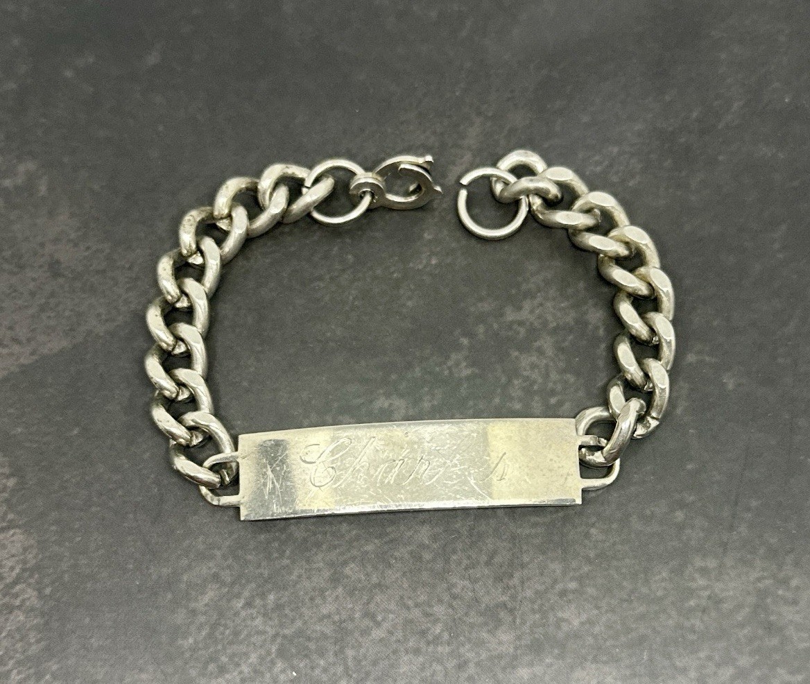 Vintage ID Bracelet Chunky Curb Chain CHARLES Made In Japan Silver Tone 7.5″