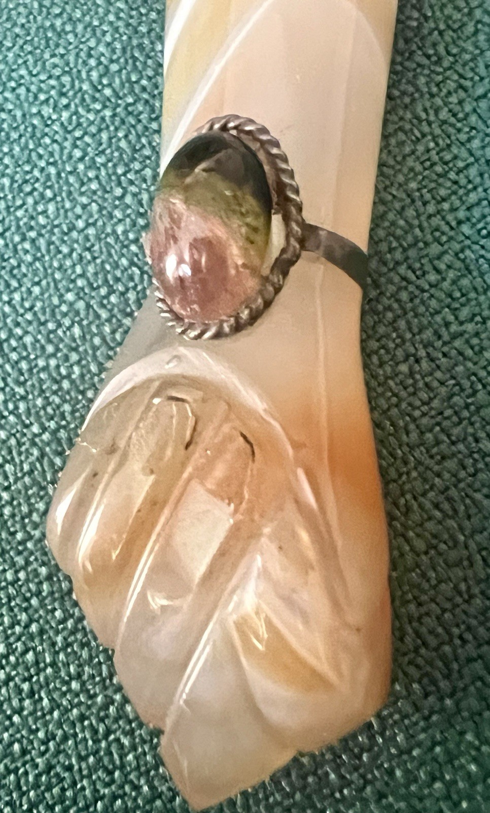 VINTAGE POLISHED CARVED STONE MANO FIGA W/STERLING GOOD LUCK CHARM PENDANT