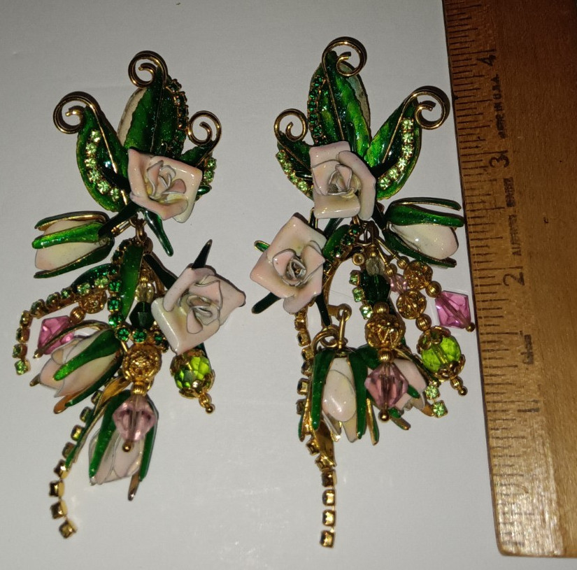 4″ Vtg 1980s Lunch at Ritz Enamel Rose Flower Rhinestone Clip On Dangle Earrings