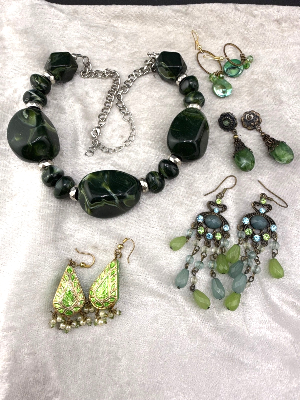 Green Necklace and Multiple Pair of Pierced Earrings 18”