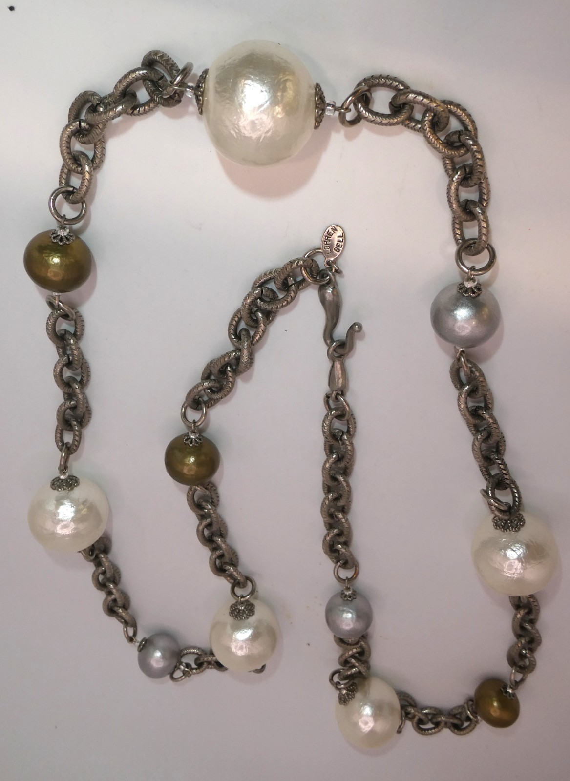 LORREN BELL CHAIN LINK SILVER TONE & FAUX PEARL LONG NECKLACE 46″ DESIGNER