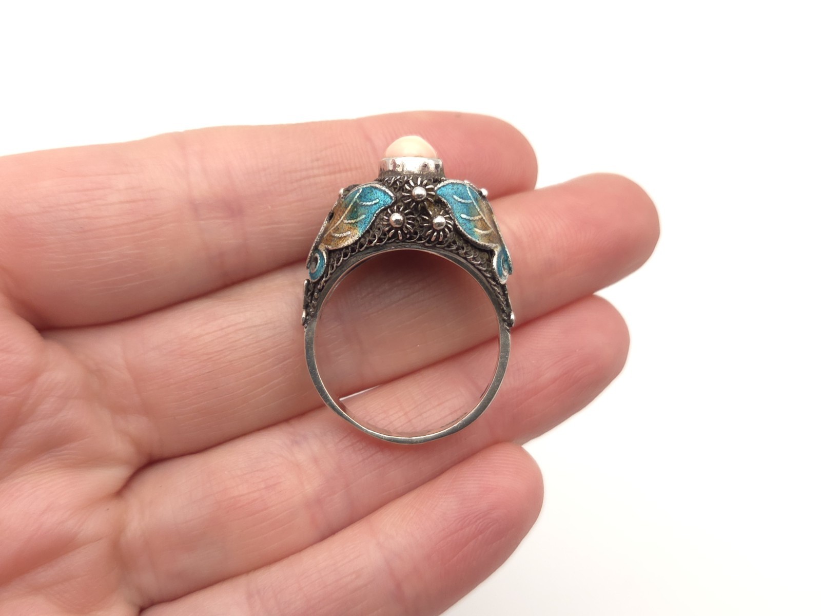 Vintage BJ Designer Sterling Silver Enamel Butterfly Pink Coral Ring Sz. 9