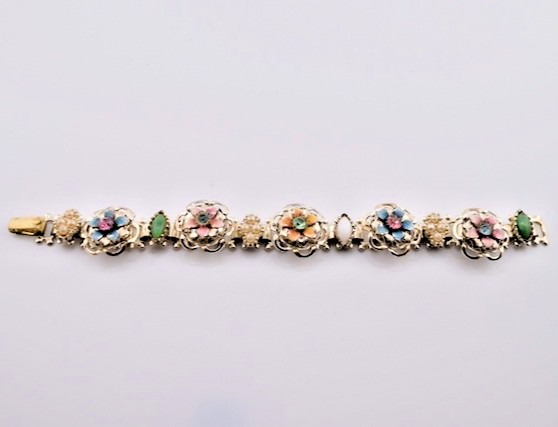Vintage 3D Enamel Flower Rhinestone Panel Bracelet Bookchain