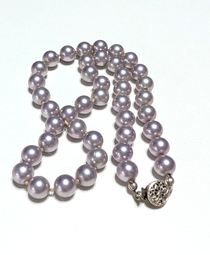 Lilac Faux Pearl Necklace Vintage 15.5″ Single Strand Beaded Short blu3-14
