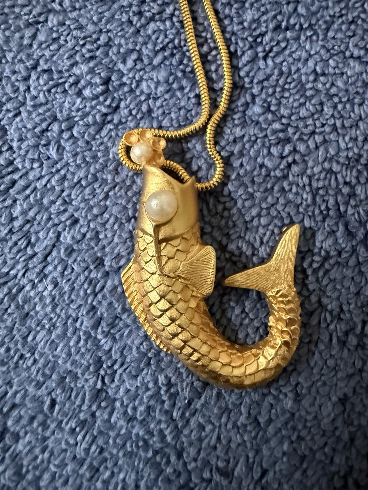 Vintage 1990s Anne Klein Necklace Matte Gold Tone Koi Fish With Pearl Eye & Mout
