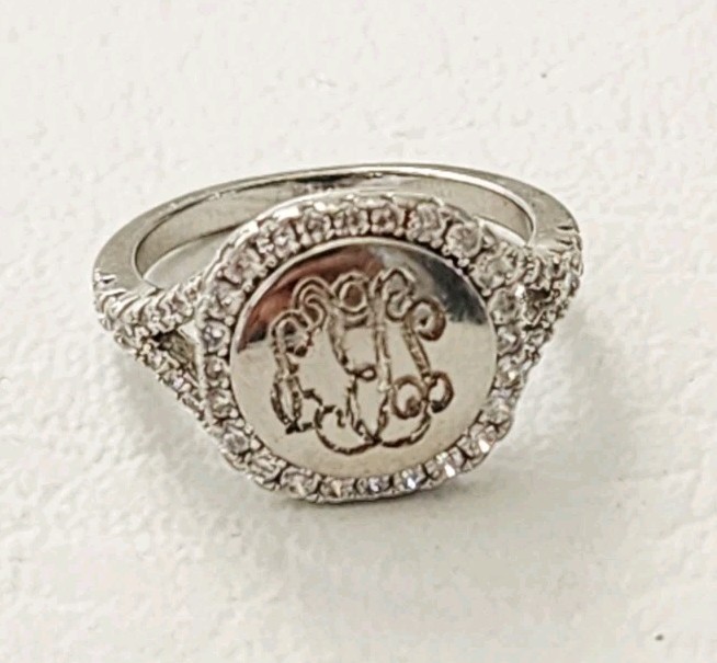 Signet Ring Sterling Silver 925 Monogram Pave Size 6