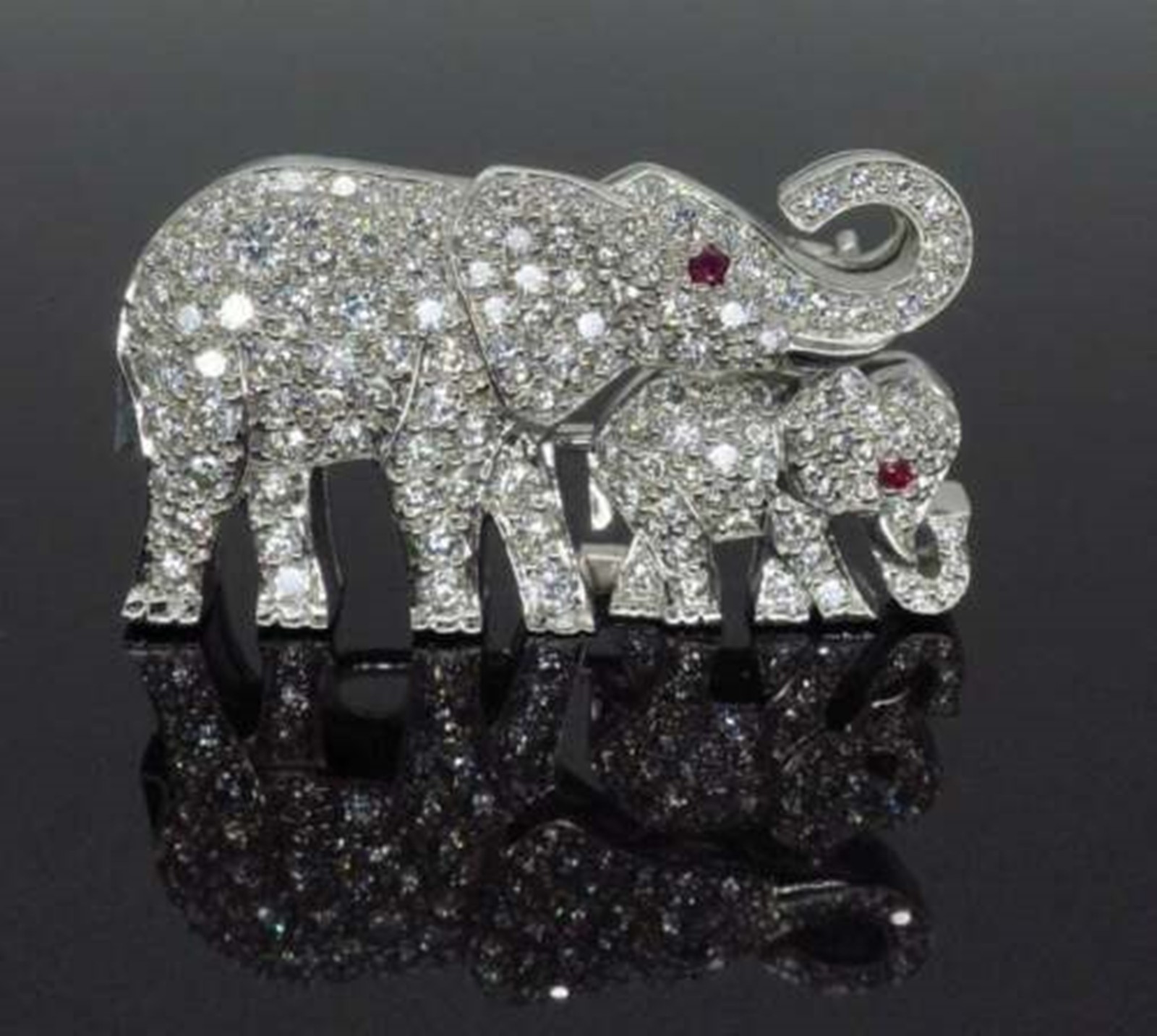 Elephant & Calf Inspire Art Deco Vintage Style Brooch 925 Silver Round CZ Stone