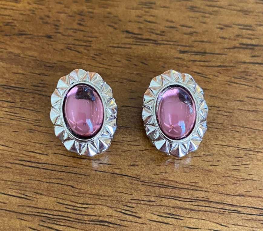 Vintage Ginnie Johansen Purple Glass Cabochon Clip-On Earrings Silver Tone 1984