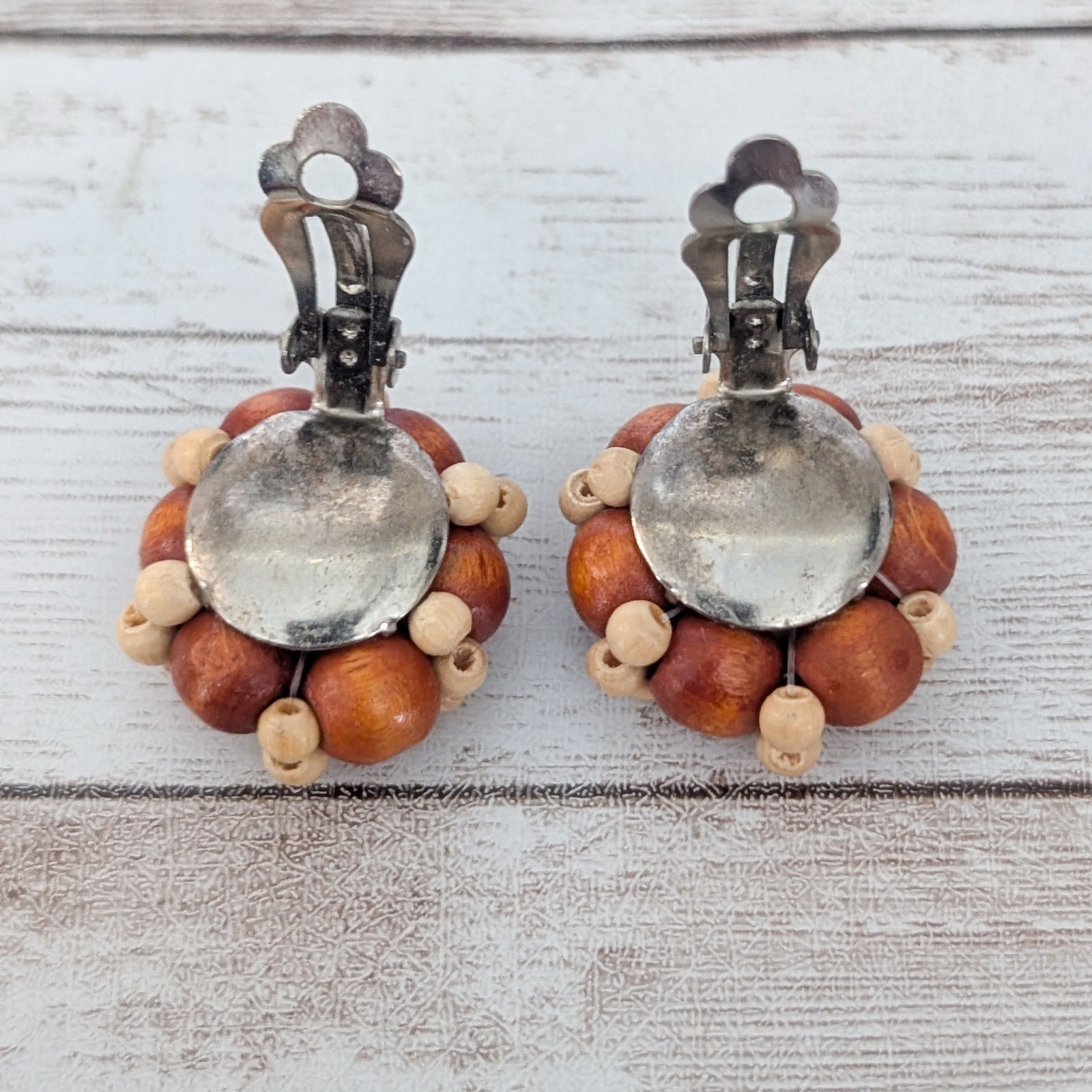 Vintage Clip On Earrings Brown & Tan Wooden Cluster Fall Autumn Tone