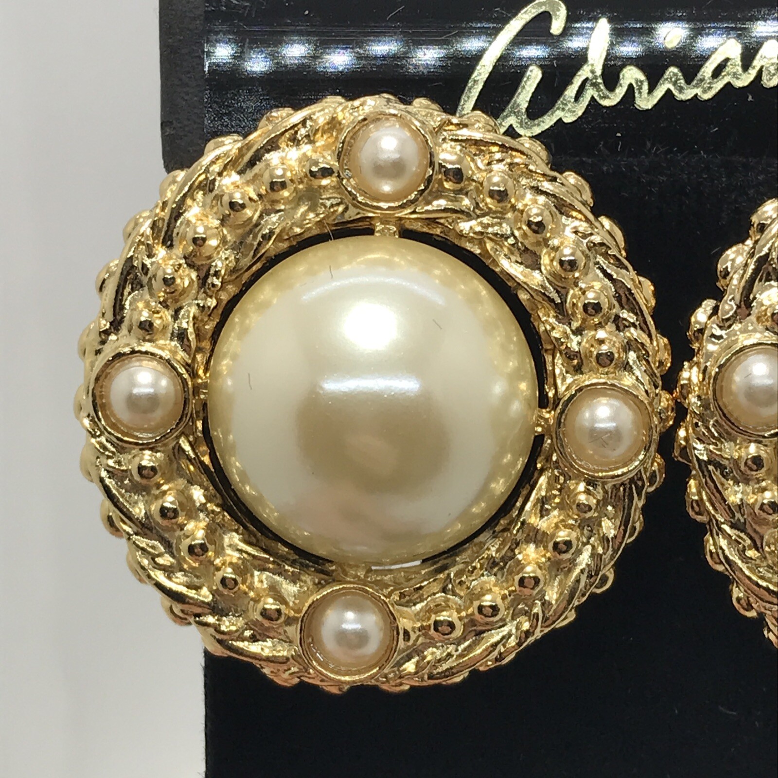 Vintage Adrianne Gold Tone Large Textured Edge Faux Pearl Clip-on Earrings