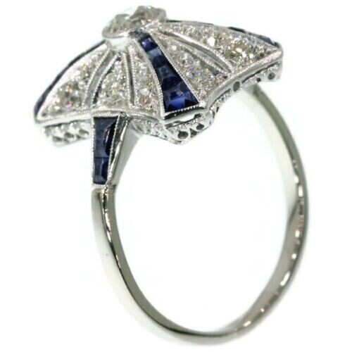 Art Deco 2Ct Sapphire & Lab Created Diamond Birthday 14K White Gold Filled Ring