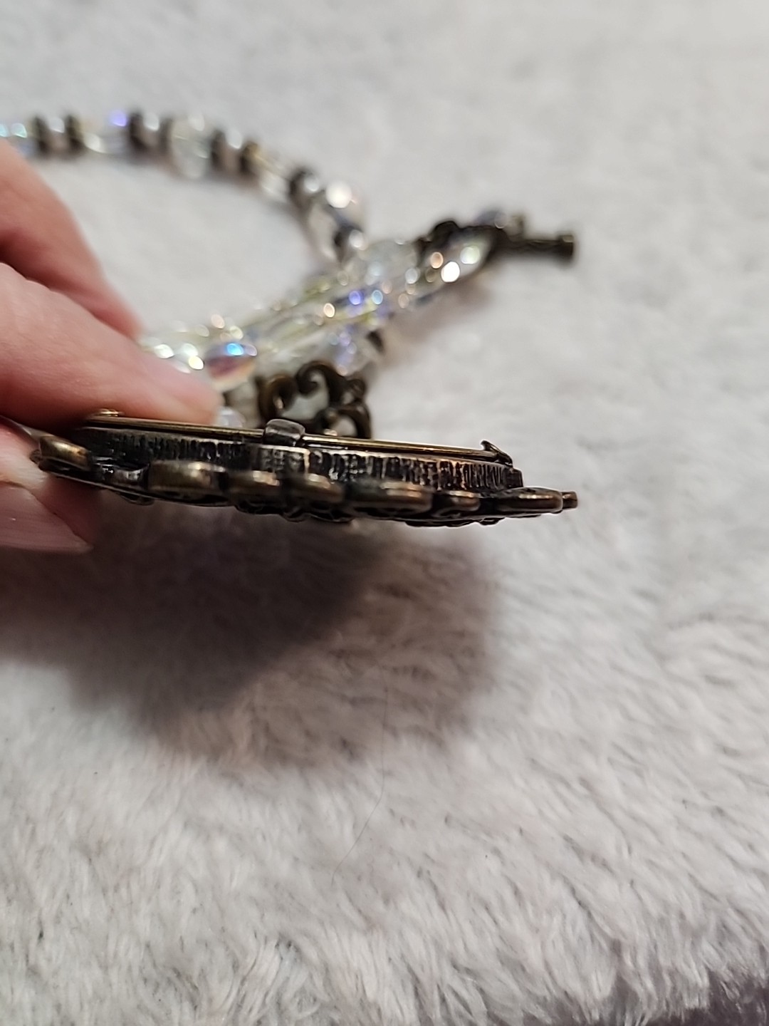 Fairycore Beaded Necklace w/ Mirror Pendant Bronze Color Plastic Beads