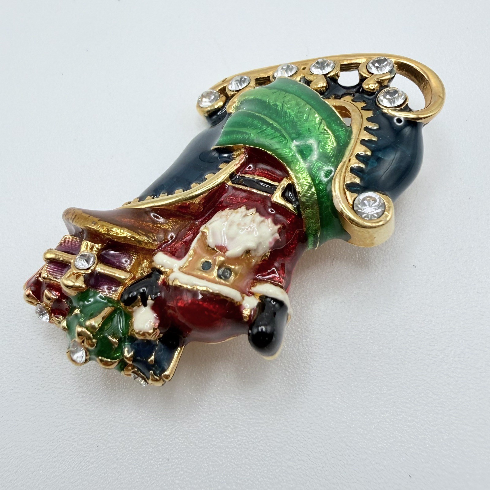Christopher Radko Signed Enamel Christmas Santa Sleigh Rhinestones Brooch