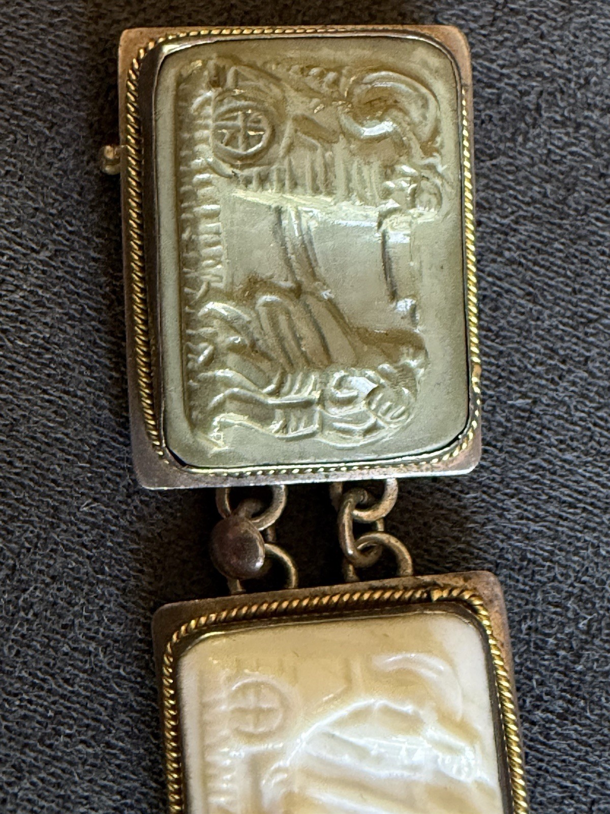 ANTIQUE 800 Silver 14KT GOLD CARVED Cameo SHELL DAYS OF THE WEEK BRACELET As Is