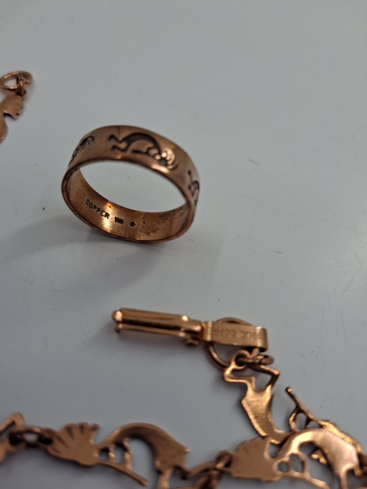 Vintage N.A. Kachina Dancer (Kokopelli) Solid Copper Link Bracelet & Ring Set