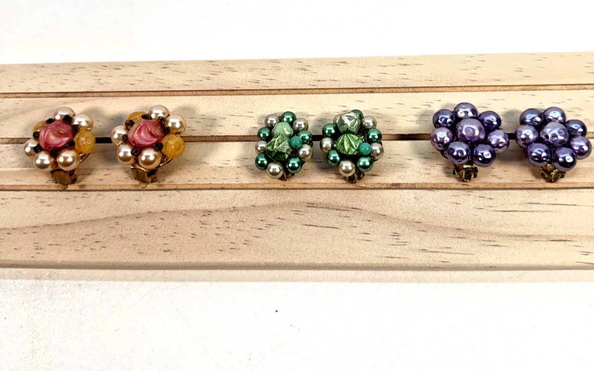 Bead Cluster Clip On Earrings Set of 3 Pairs Japan Hong Kong 1950s 1960s