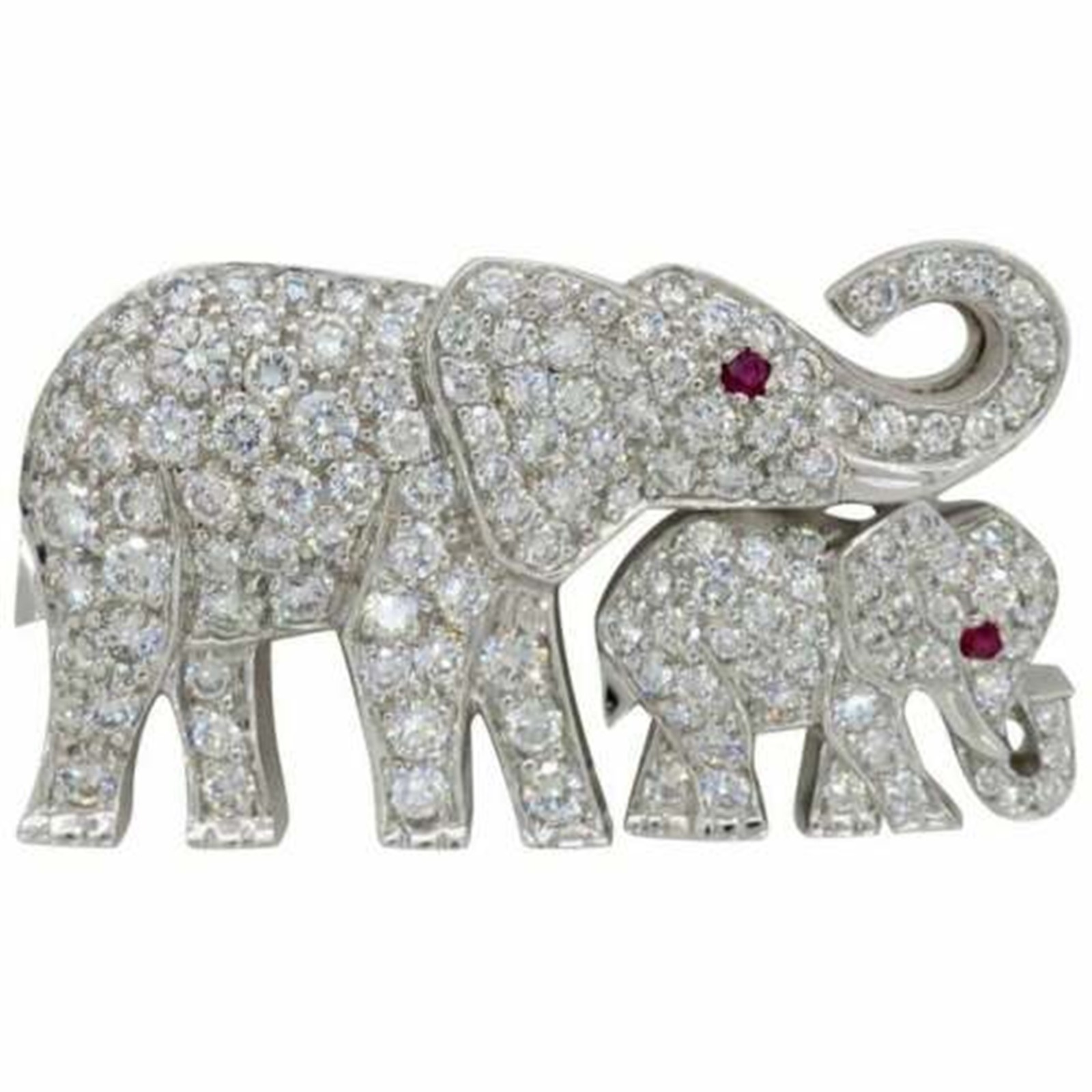 Elephant & Calf Inspire Art Deco Vintage Style Brooch 925 Silver Round CZ Stone