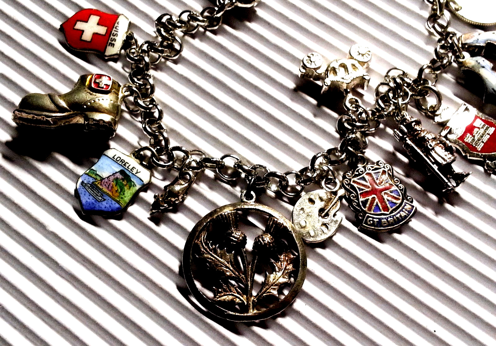International Travel Sterling Silver Charm Bracelet & 16 Charms, 925-800 Silver