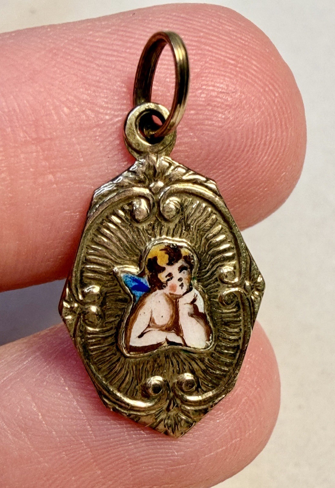 Victorian Gold Filled & Enamel Raphael Cherub First Communion Pendant Charm