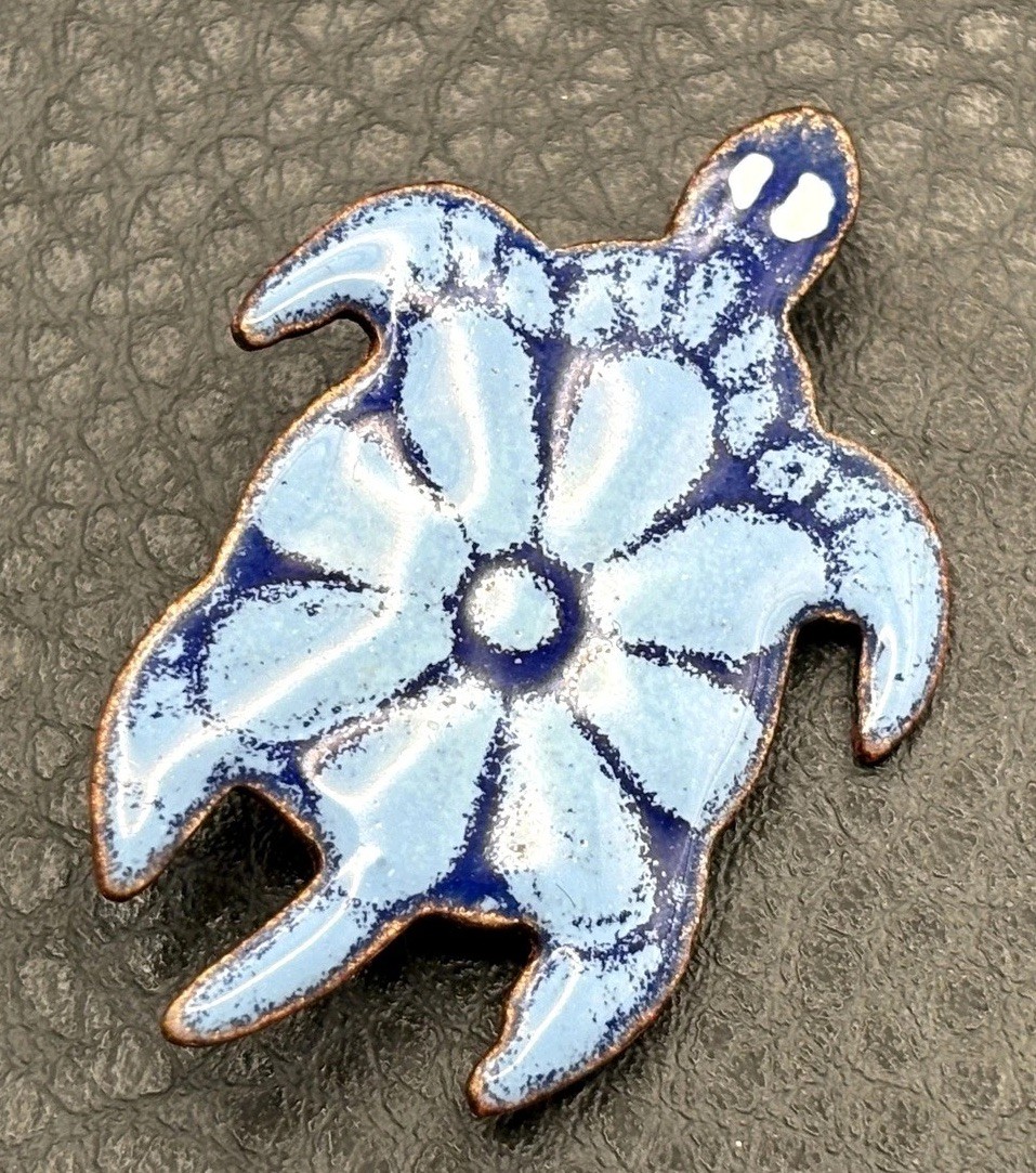 Vintage Copper Abstract Sea Turtle Two Tone Blue Enamel Art Brooch Pin Beach