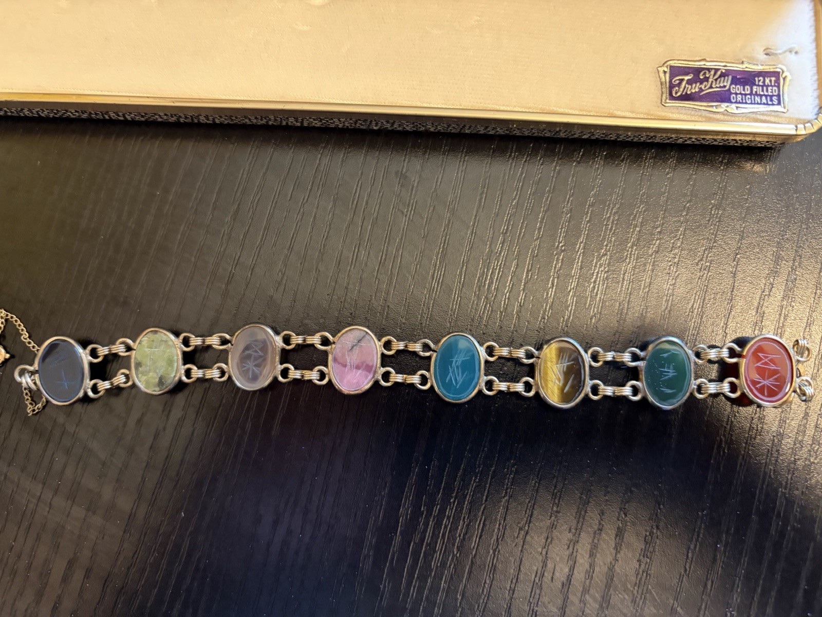 Vintage SCARAB 12kt Gold-filled Double link Multi-stone Bracelet In Original Box