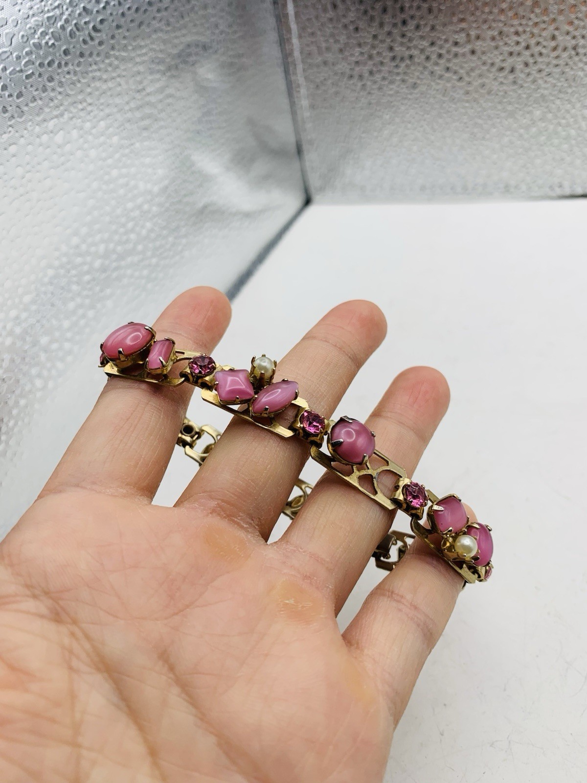 Vintage Pink Feminine Rhinestone Crystal Fancy Faux Pearl Gold Tone 7” Bracelet