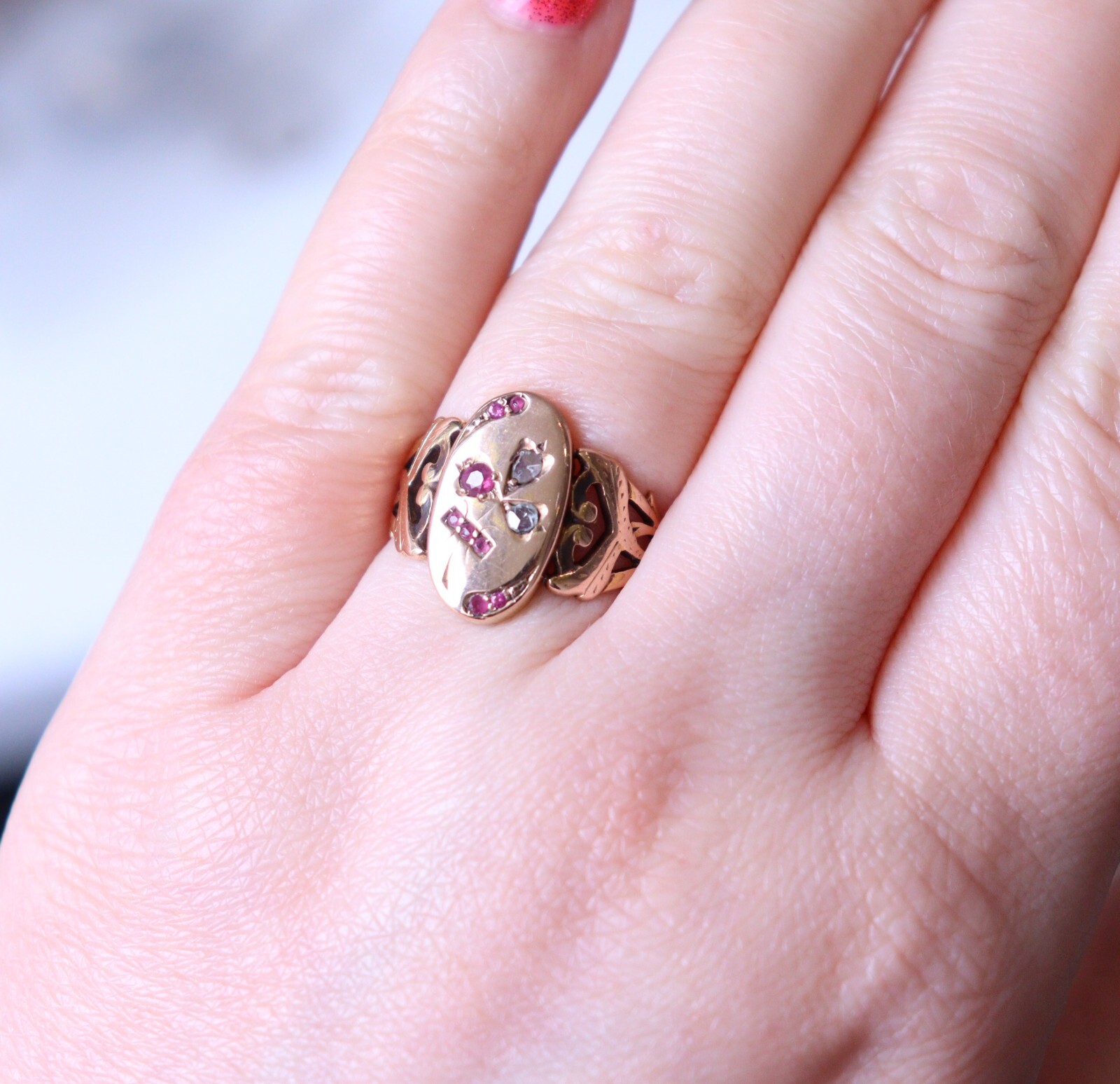Antique Vintage 14k Rose Gold Ring Rose Cut Diamonds Ruby and Simili NO TARIFF