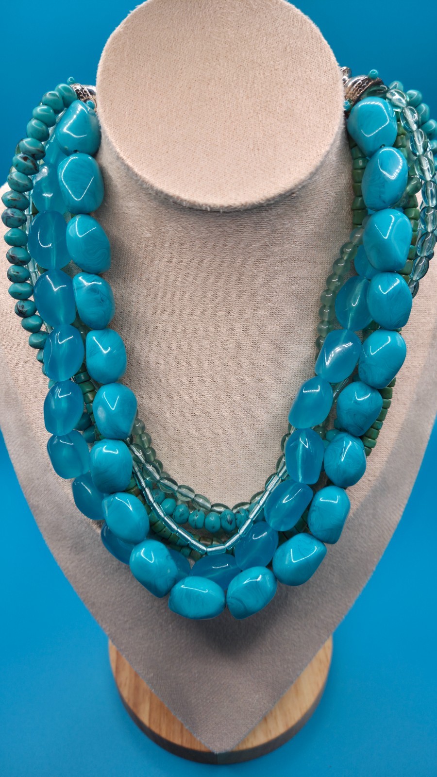 Vintage Turquoise Blue Beads Multi Strand Beaded Statement Necklace 8.5″ Chunky