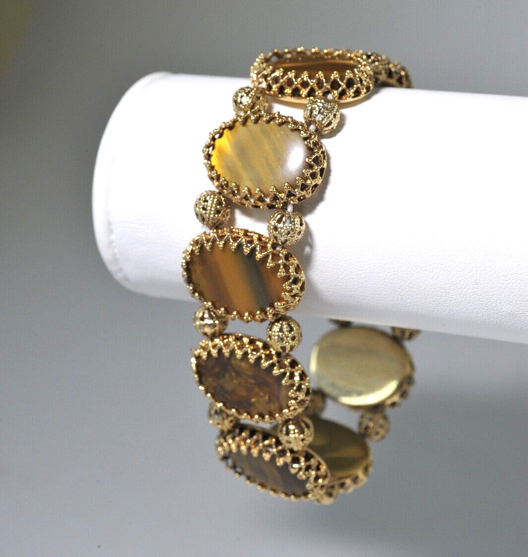 Vtg Monet Stretch Bracelet filagree bead faux tigereye cabs trendy chunky ZE16