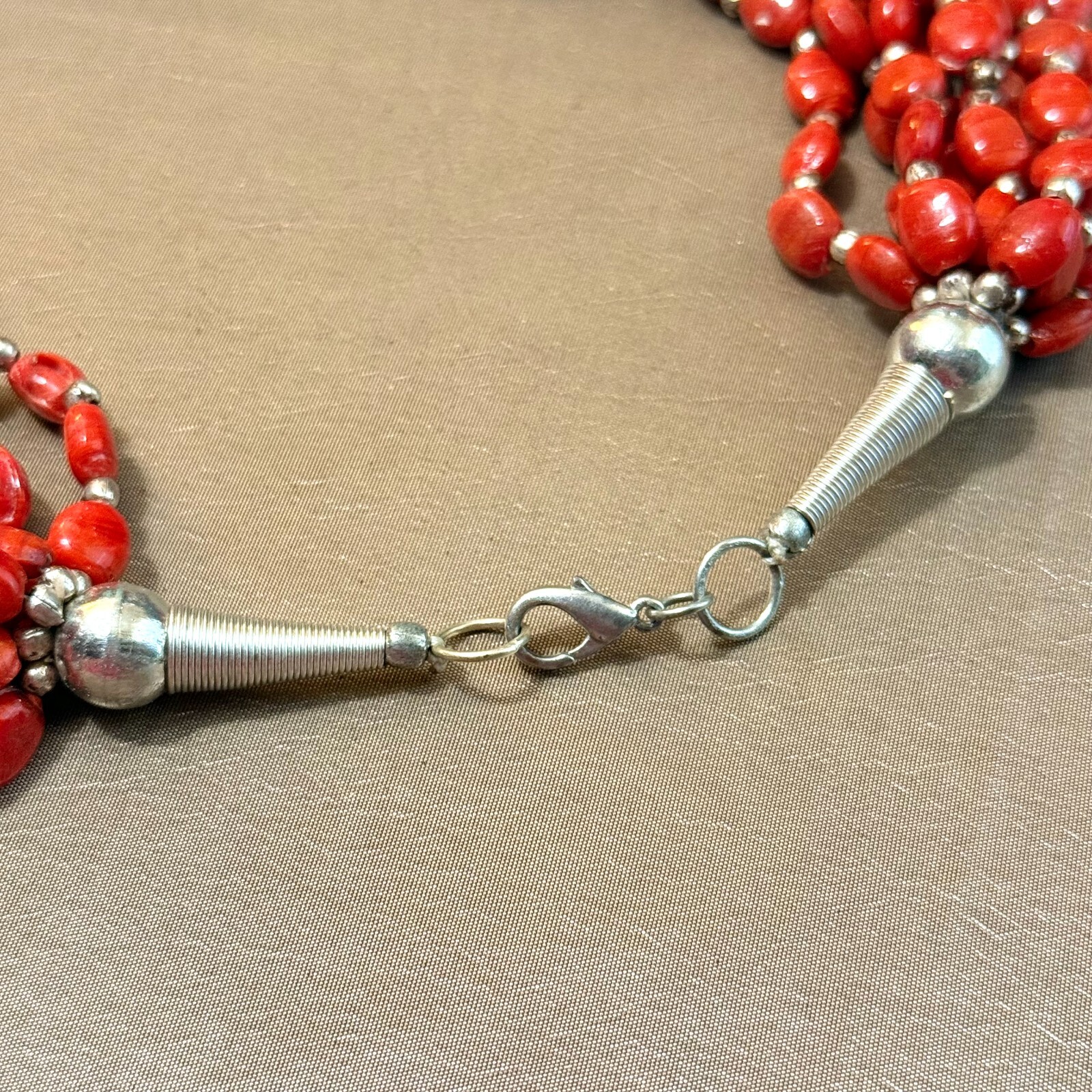 Red Glass Multi Strand Necklace Silver Tone, Boho Unused Vintage India – 18″