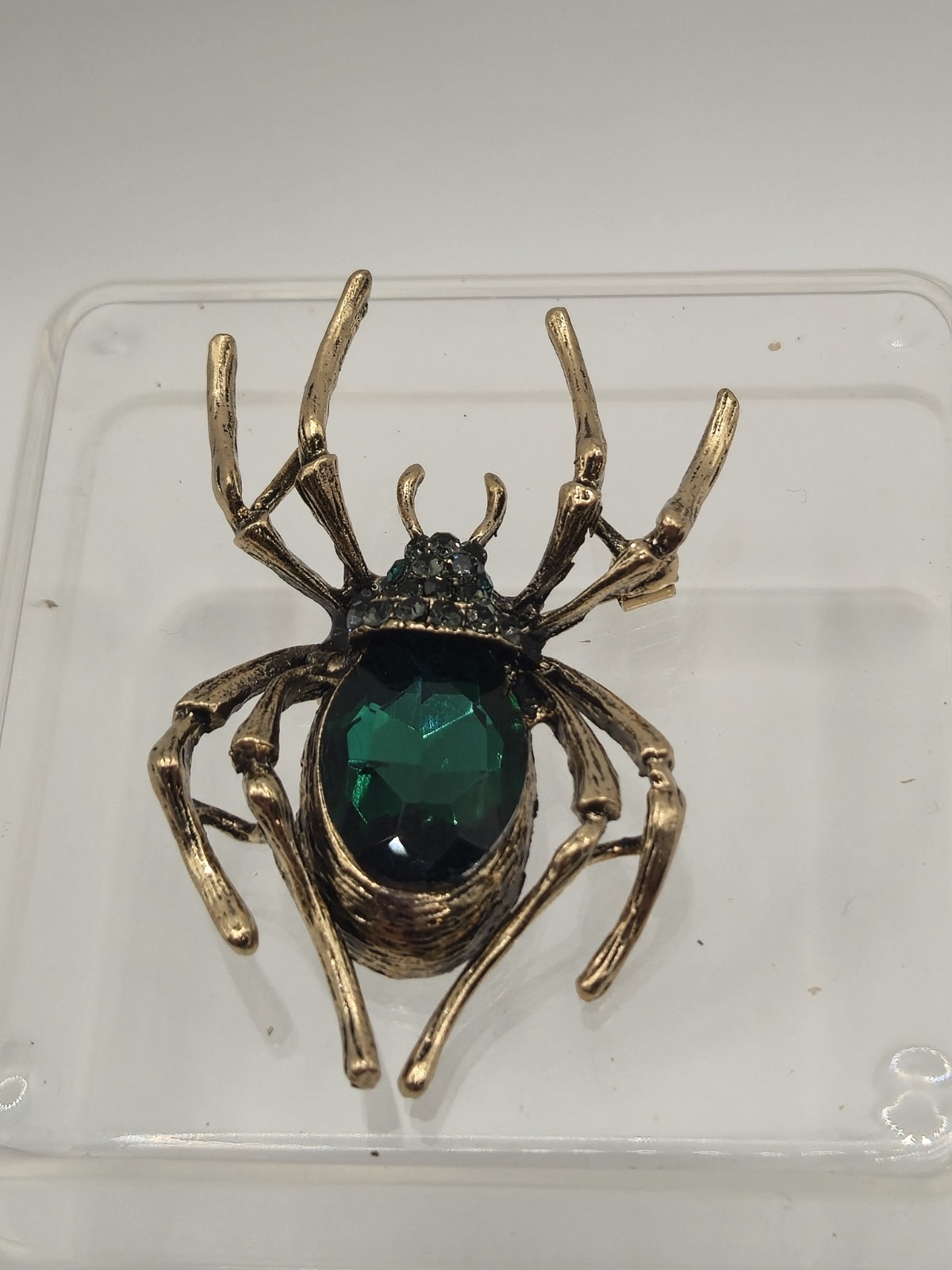 Green Rhinestone And Glass Spider Brooch Unbranded
