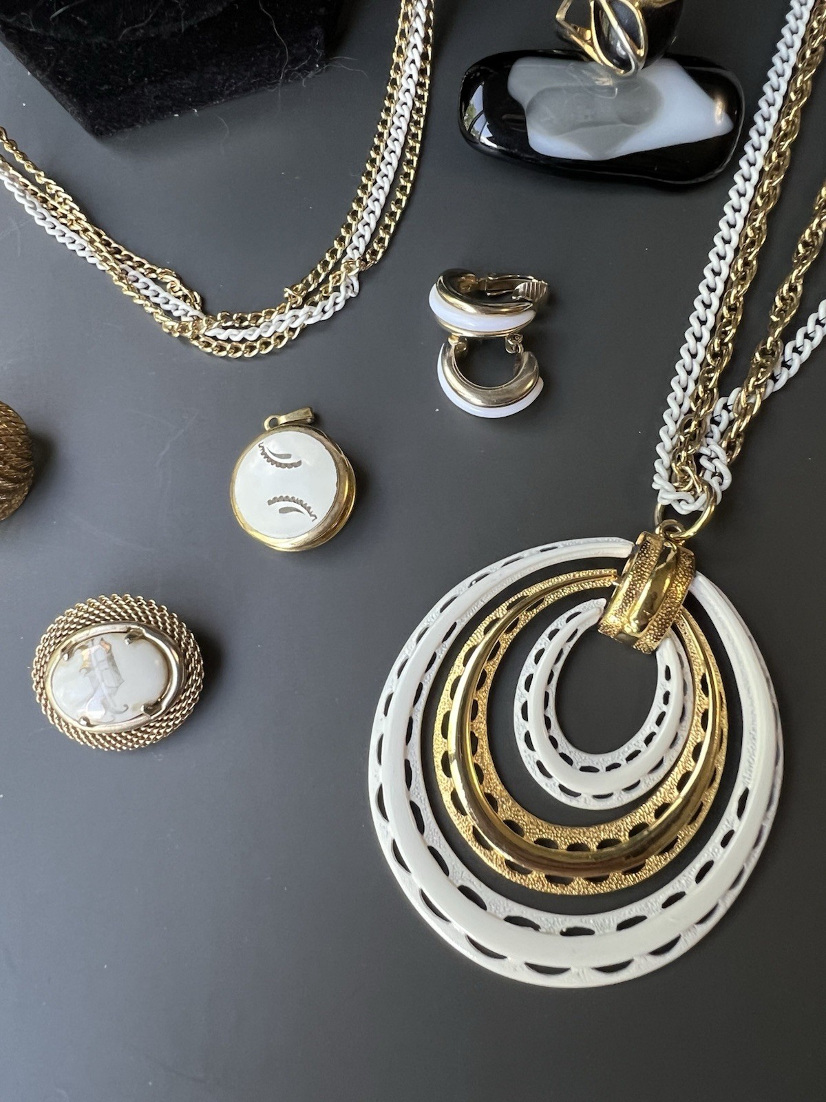Vintage Black, White, & Gold Jewelry Lot Incl Avon, Sarah Coventry, Monet