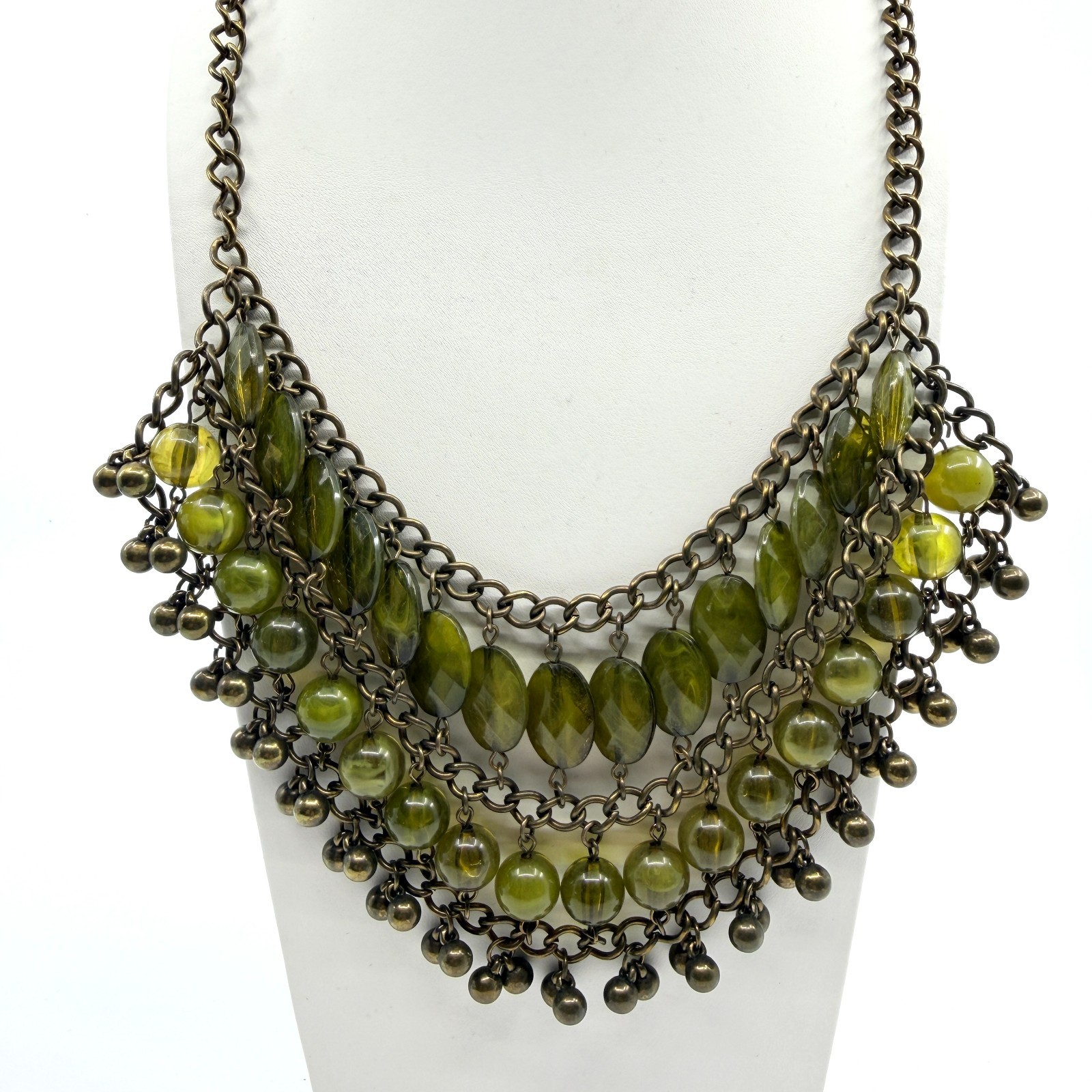 Vintage Bronze Tone Multi Strand Bib Necklace Chunky Statement Green Bead Boho