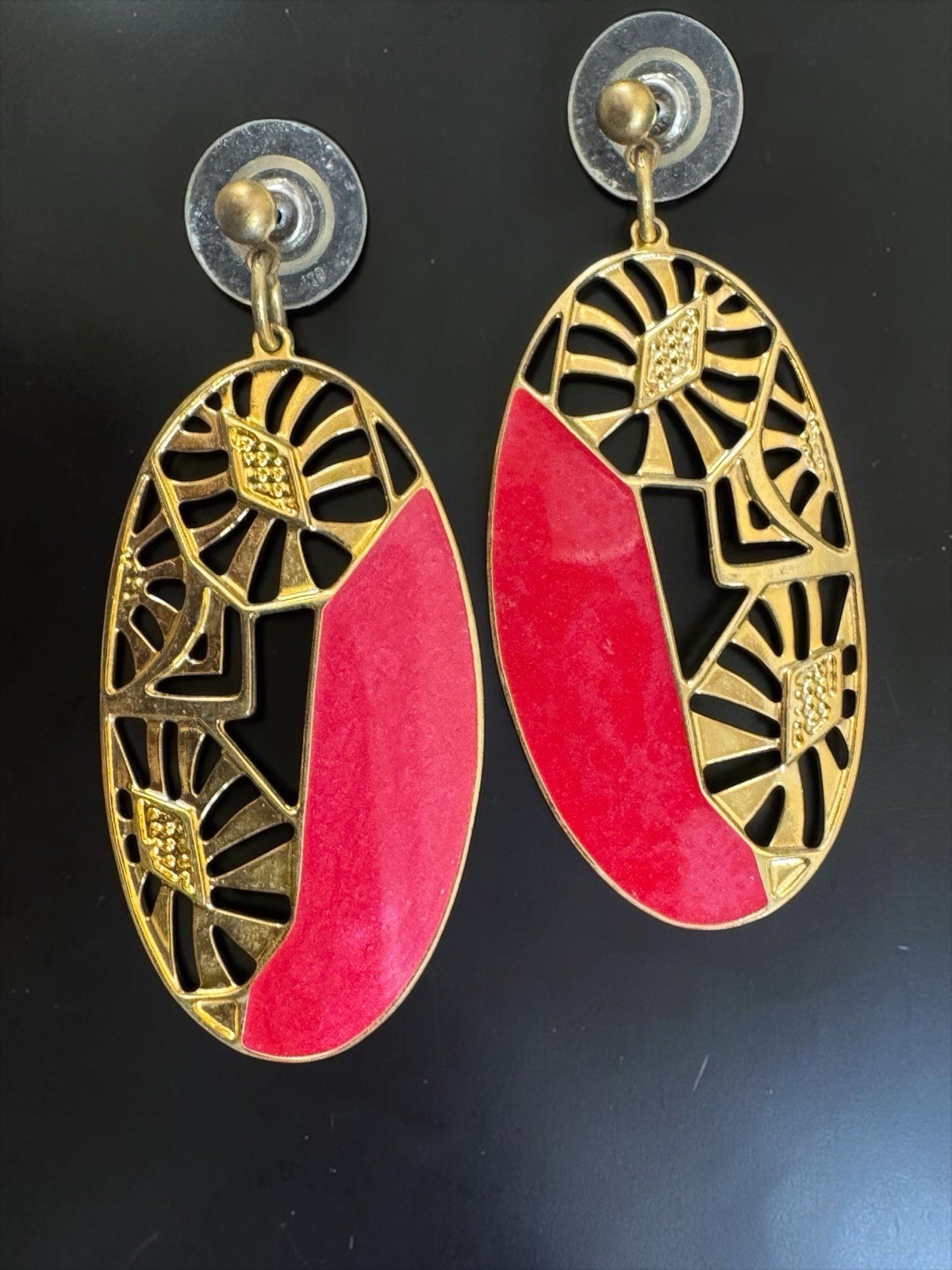 Vintage Signed Edgar Berebi Red Enamel Over Gold Tone Cut Out Dangle Earrings