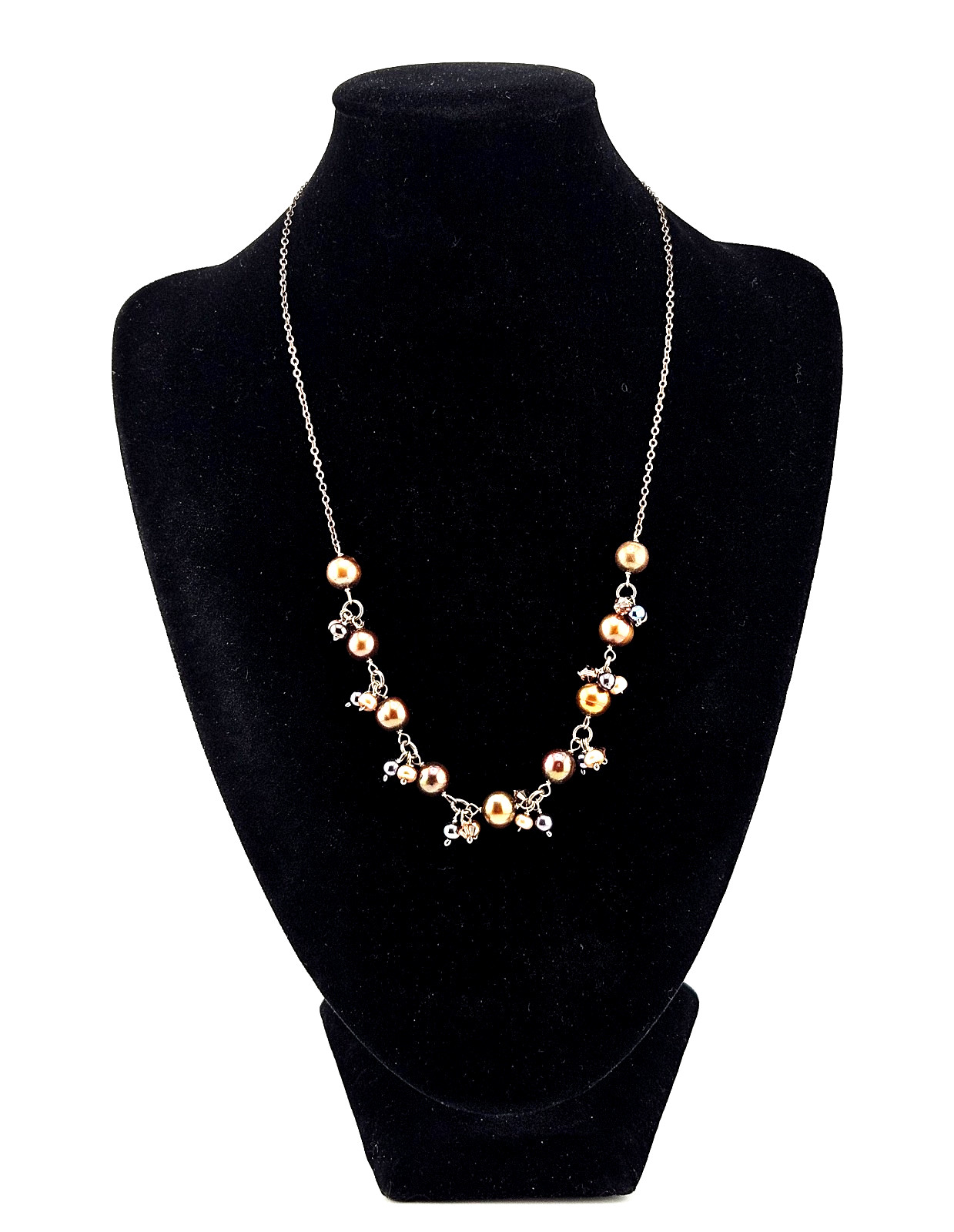 🌸 Vintage Sterling Silver Baroque Pearl Cluster Necklace – Brown/Gold/Black Pea