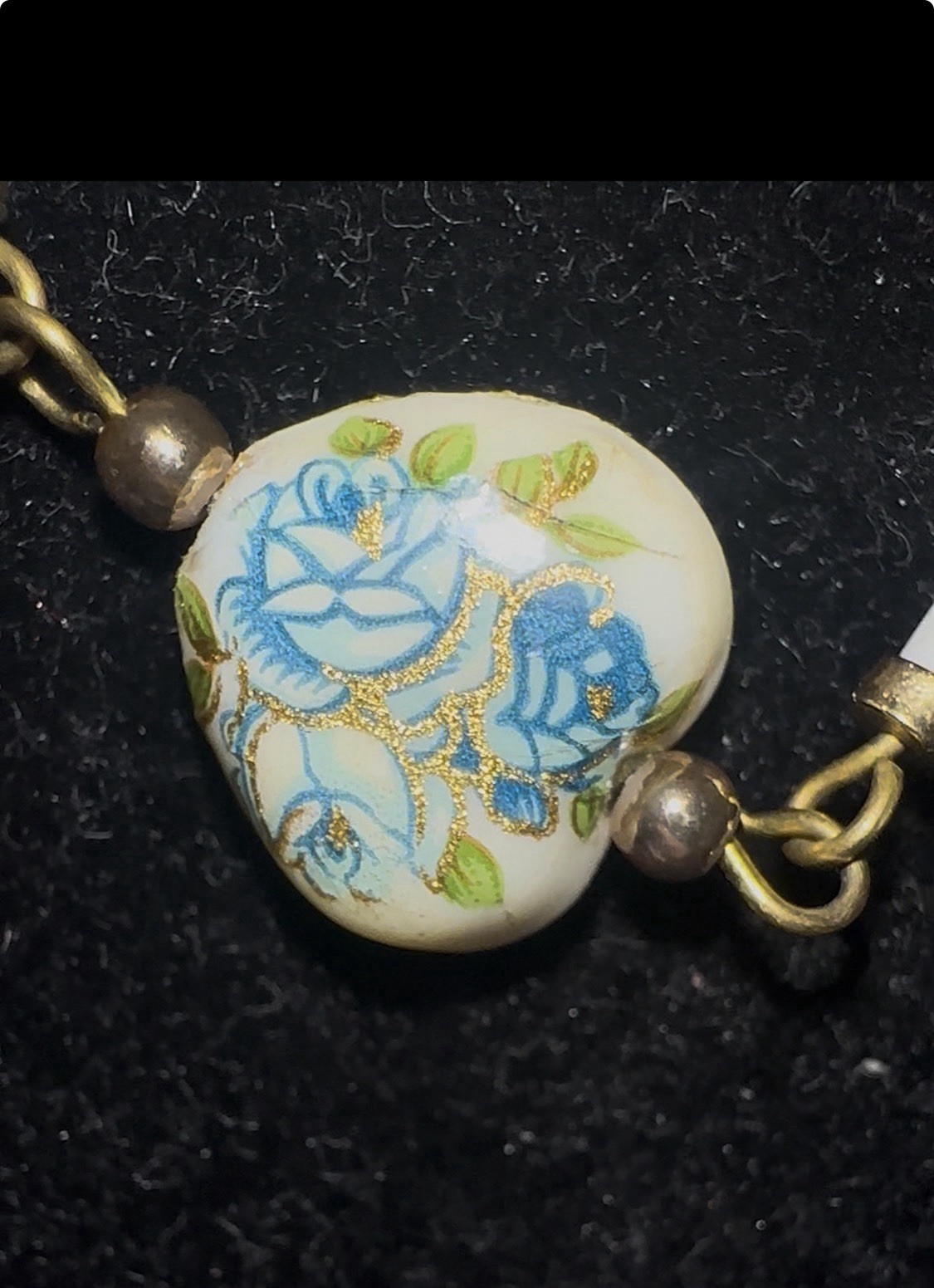 Vintage Japanese Tensha Blue Rose Porcelain Heart Necklace With Match Bracelet